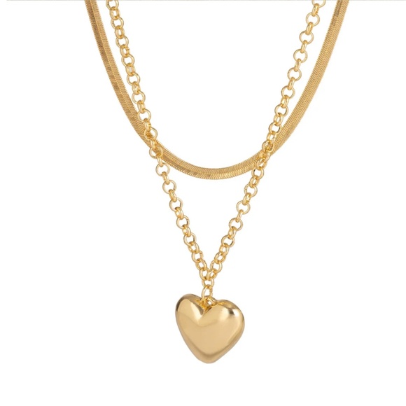 Layered Gold Heart Necklace Set – Adjustable Double Chain with Bold Heart Pendan - Picture 2 of 3